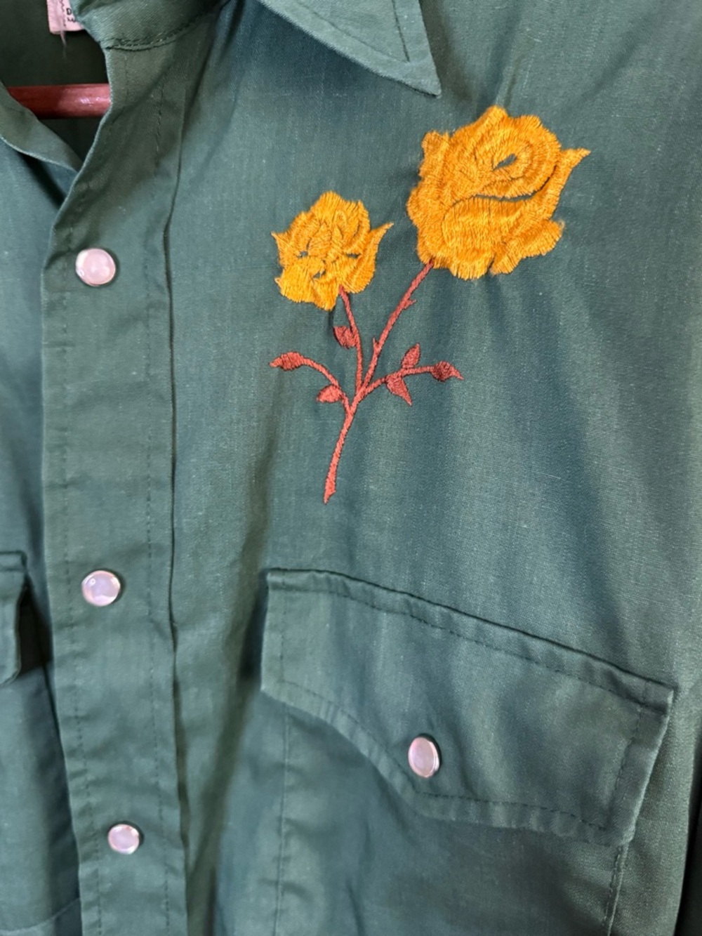 Vintage Bronco Western Shirt Green Embroidered Roses Snap Button M - Picture 3 of 8